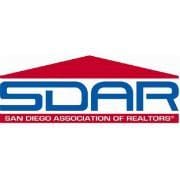 A red and blue logo for the san diego association of realtors.